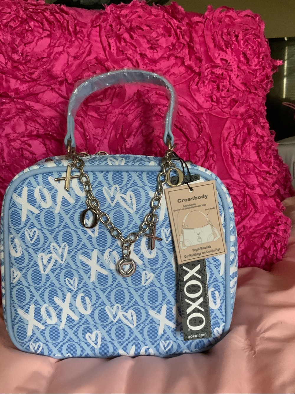 XOXO Blue & White Logo Print Top-Handle Crossbody with Charm Chain